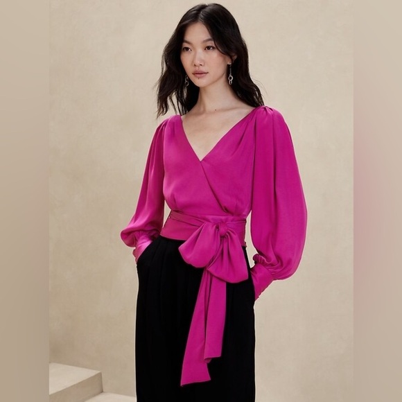 NWT Banana Republic Fuschia Wrap Top V Neck Balloon Sleeves Size 16 - Picture 9 of 9